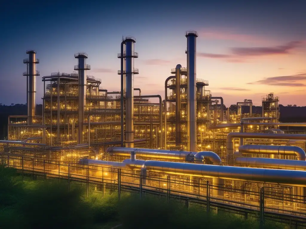 Importancia de la petroquímica en la economía circular en planta petroquímica al atardecer