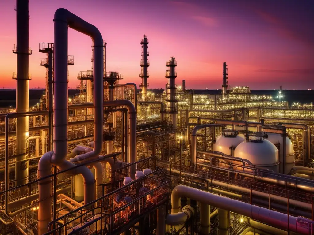 Importancia de hidrocarburos en la petroquímica: planta petroquímica al atardecer, con campos de pozos petroleros y red de tuberías