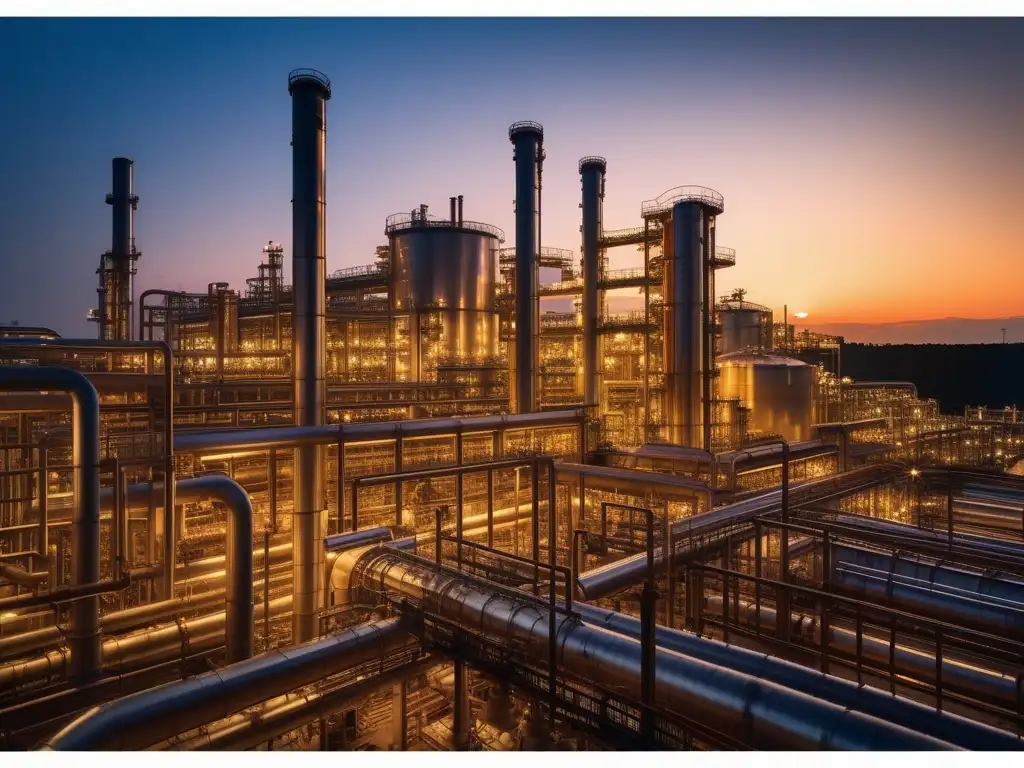 Impacto de la petroquímica en la sociedad moderna - Petrochemical plant at golden hour, workers in protective gear, intricate machinery