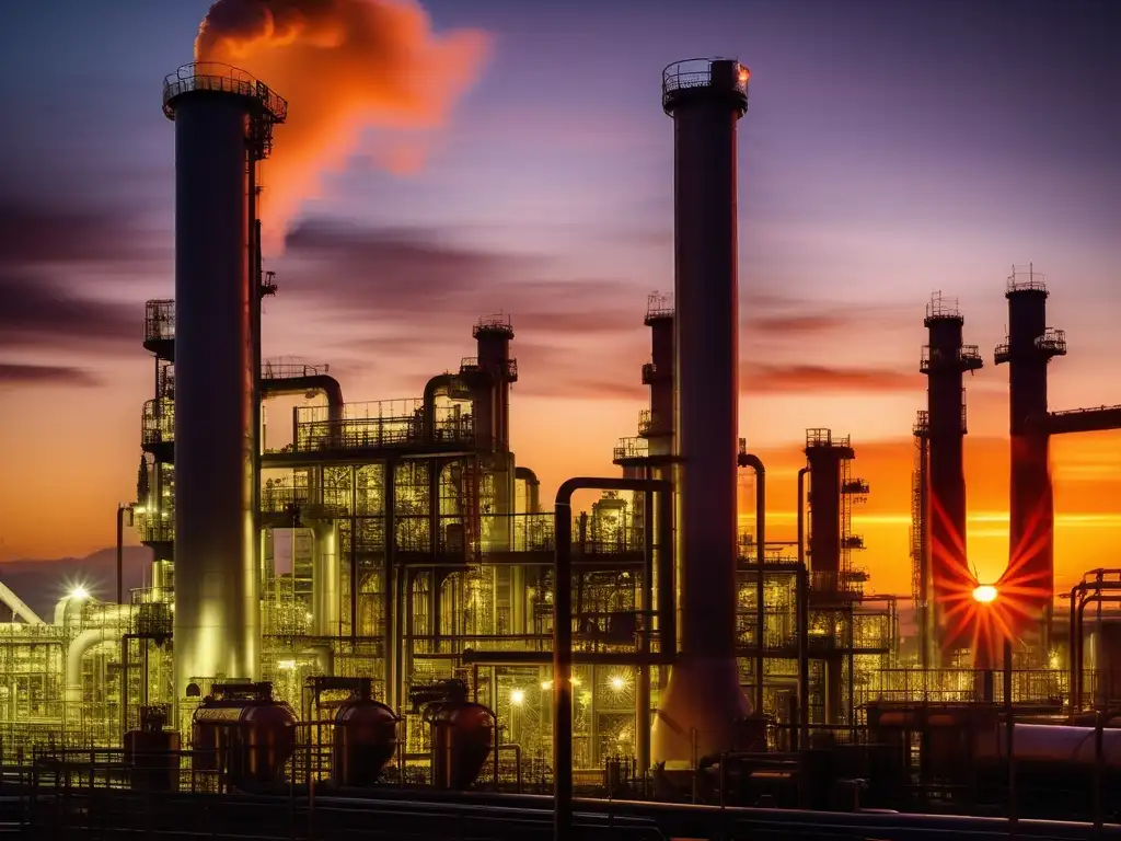 Impactos ambientales de los Alquenos en planta petroquímica con trabajadores y humo en atardecer vibrante