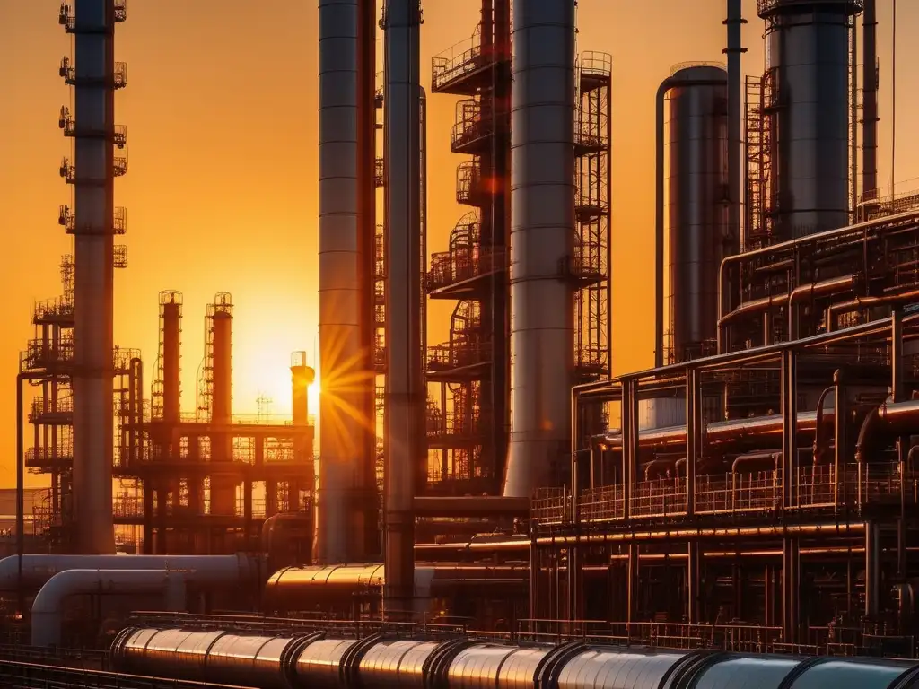 Importancia de la petroquímica en la economía circular: planta petroquímica al atardecer, detalle y complejidad