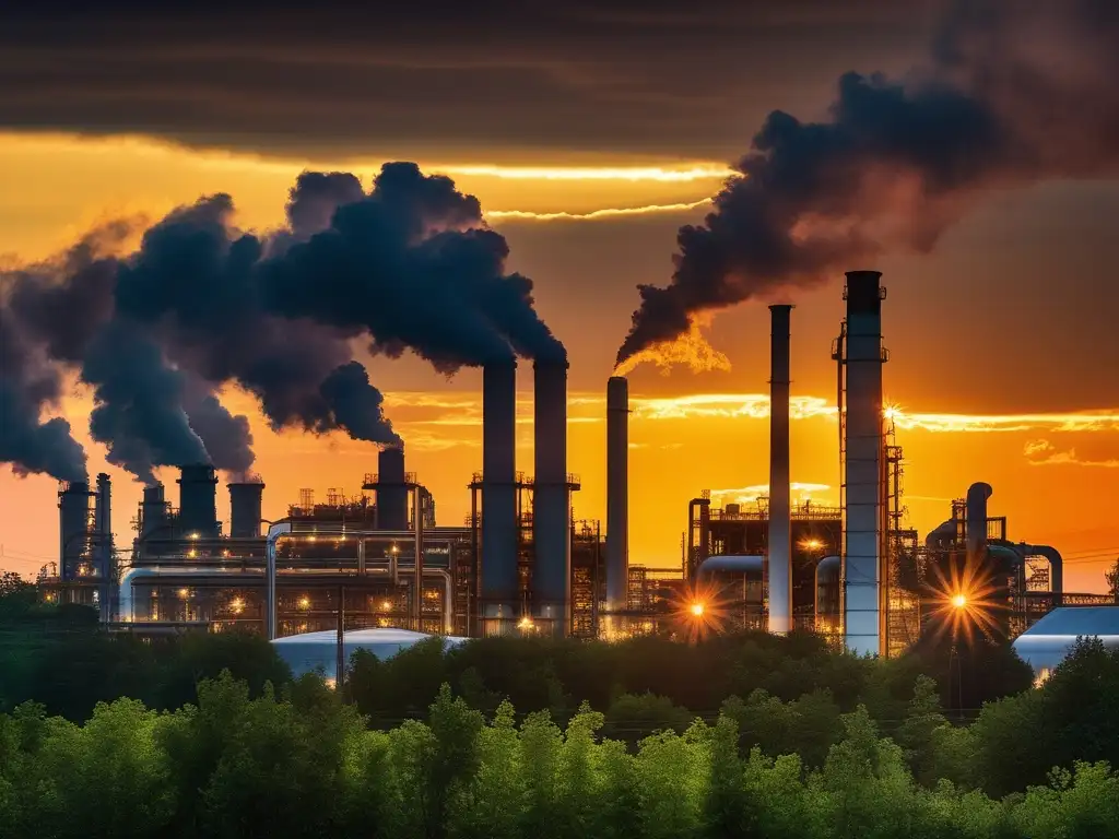 Impactos ambientales de la química industrial en una planta al atardecer, con maquinaria detallada y reacción química en primer plano