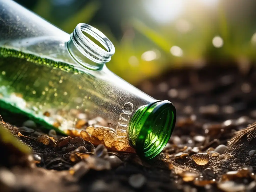 Avances en reciclaje de plástico: botella biodegradable descomponiéndose en entorno natural