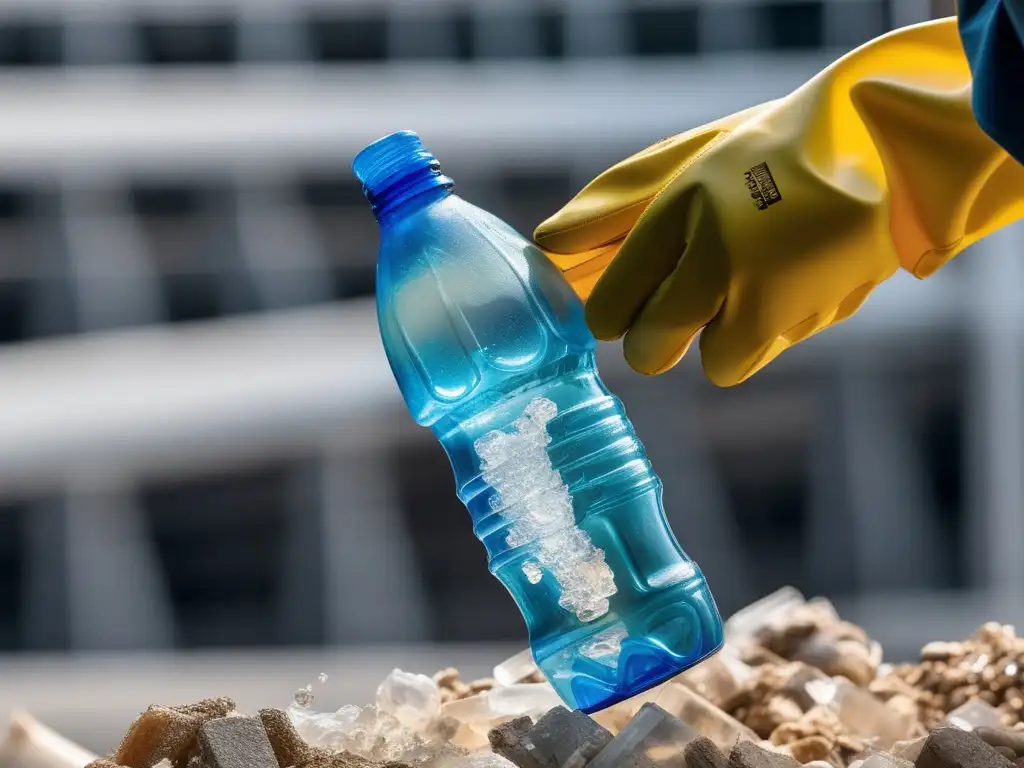 Impacto de los plásticos en arquitectura: trabajador aplasta botella transparente resaltando reciclaje y reutilización