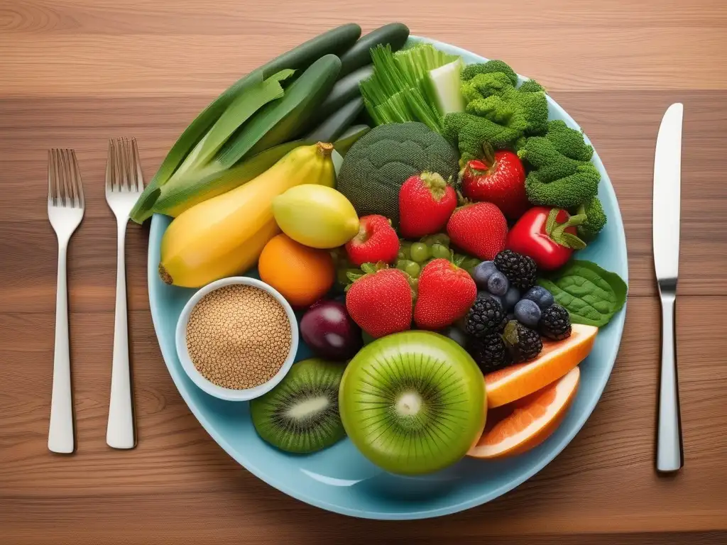 Alimento balanceado con frutas, verduras, granos y proteínas magras