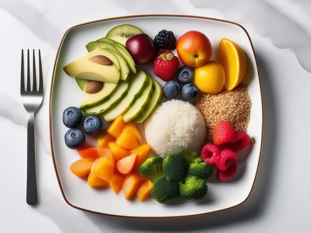 Alimentos con metales pesados: closeup de plato variado, fresco y detallado con colores, texturas y detalles que resaltan los riesgos