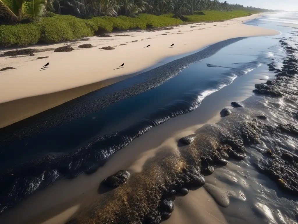 Consecuencias derrames petróleo: salud humana, playa cubierta de residuos de petróleo, impacto en vida marina, daño ambiental