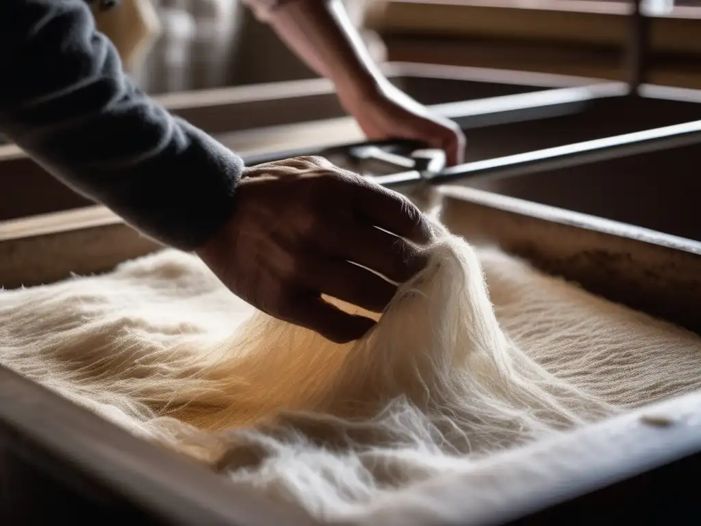 Proceso de papel reciclado: manos sumergiendo marco de malla en pulpa de papel, fibras visibles, textura húmeda y sostenibilidad