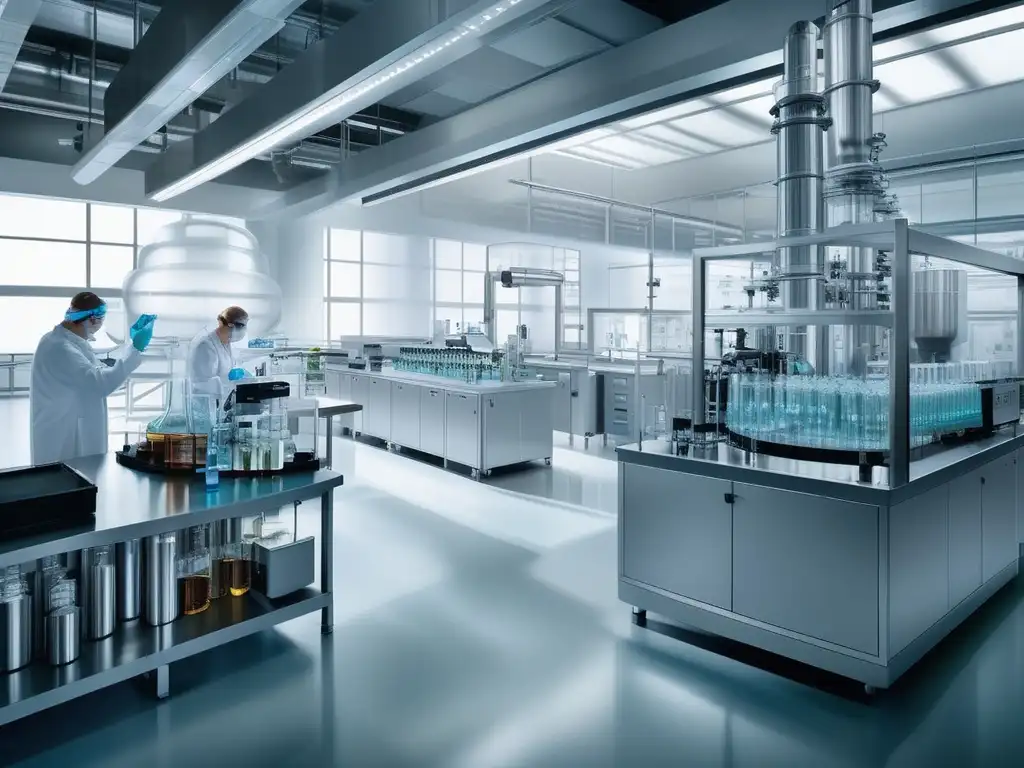 Impacto de la química industrial: laboratorio con científicos en proceso de producción química