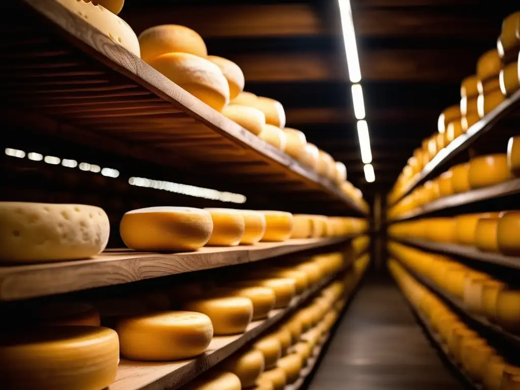 Proceso químico maduración quesos en bodega de afinado con ruedas de queso en estanterías de madera