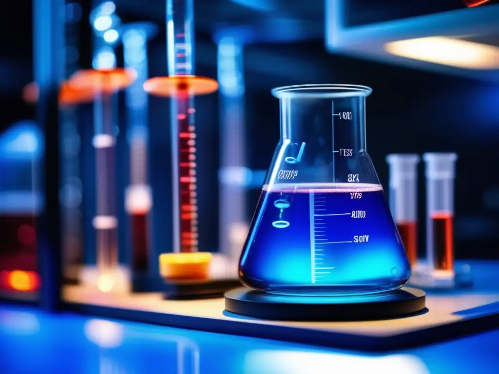 Oportunidades de carrera en química y petroquímica: Laboratorio con beaker de líquido azul brillante y aparatos científicos