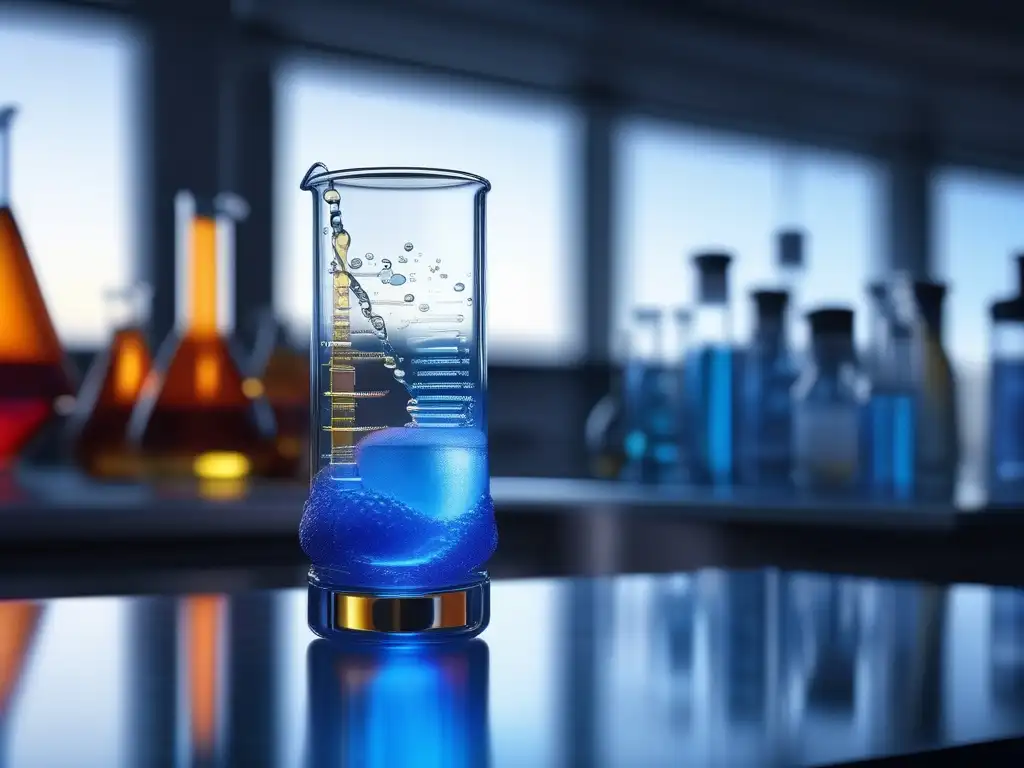 Impacto química moderna: reacción química en laboratorio con beaker azul y compuestos formando patrones y formas