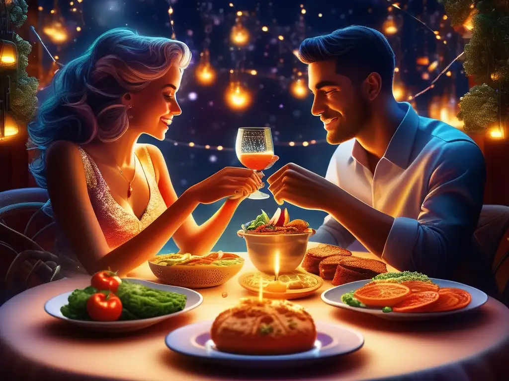 Pareja en cena romántica rodeada de alimentos y bebidas, con química amorosa: productos químicos en relaciones