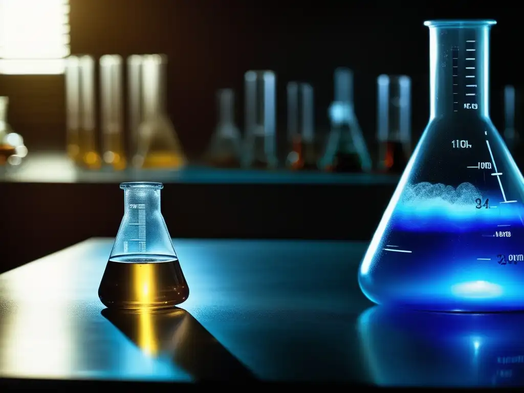 Leyes sorprendentes industria química: Imagen cautivante de laboratorio con mano sosteniendo frasco Erlenmeyer lleno de líquido azul vibrante