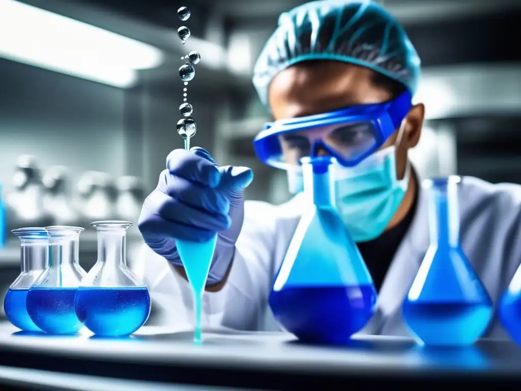 Químico en laboratorio vierte líquido azul, resalta importancia de estudiar química en actualidad