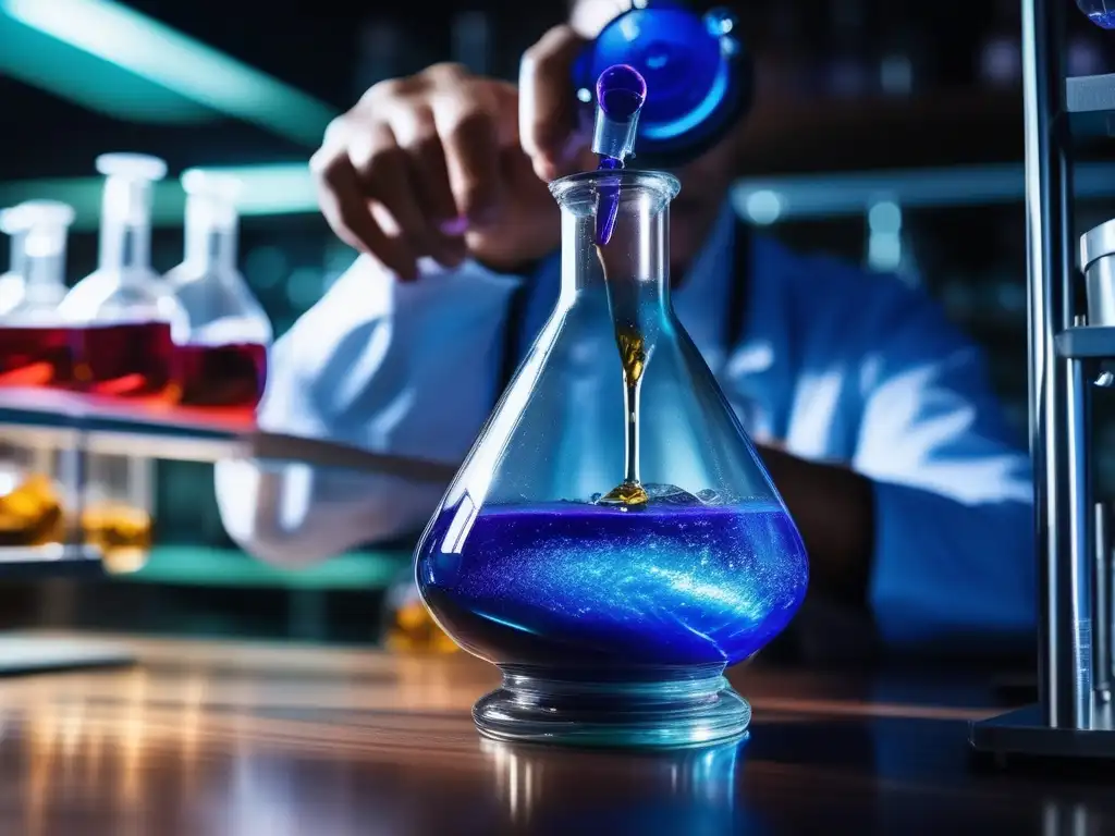 Químico en laboratorio vierte líquido en matraz con solución azul, resaltando importancia de estudiar química en sociedad