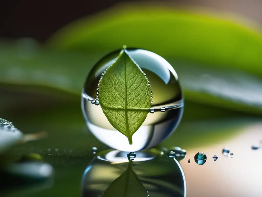 Relación naturaleza, fenómenos, ácidos y bases en imagen detallada de gota de agua en hoja