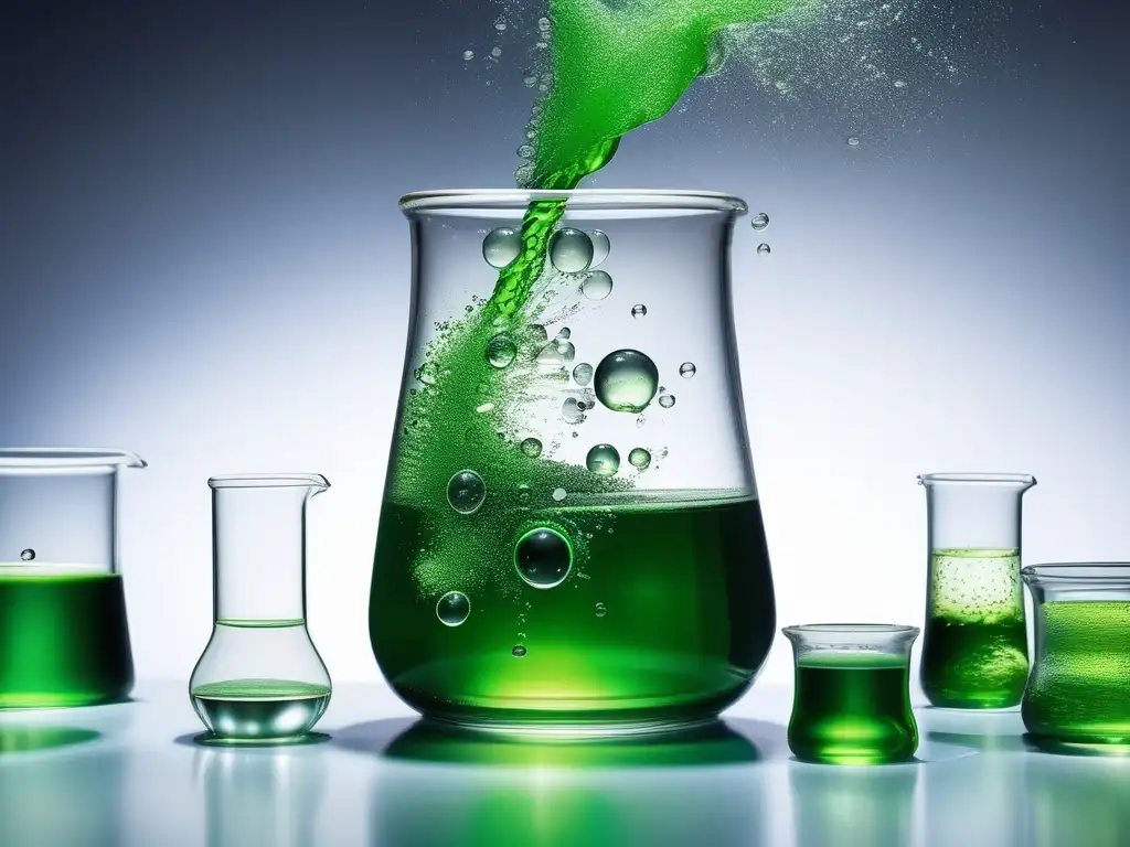 Impacto de la química moderna: reacción química en laboratorio con líquido verde burbujeante y detalles macro