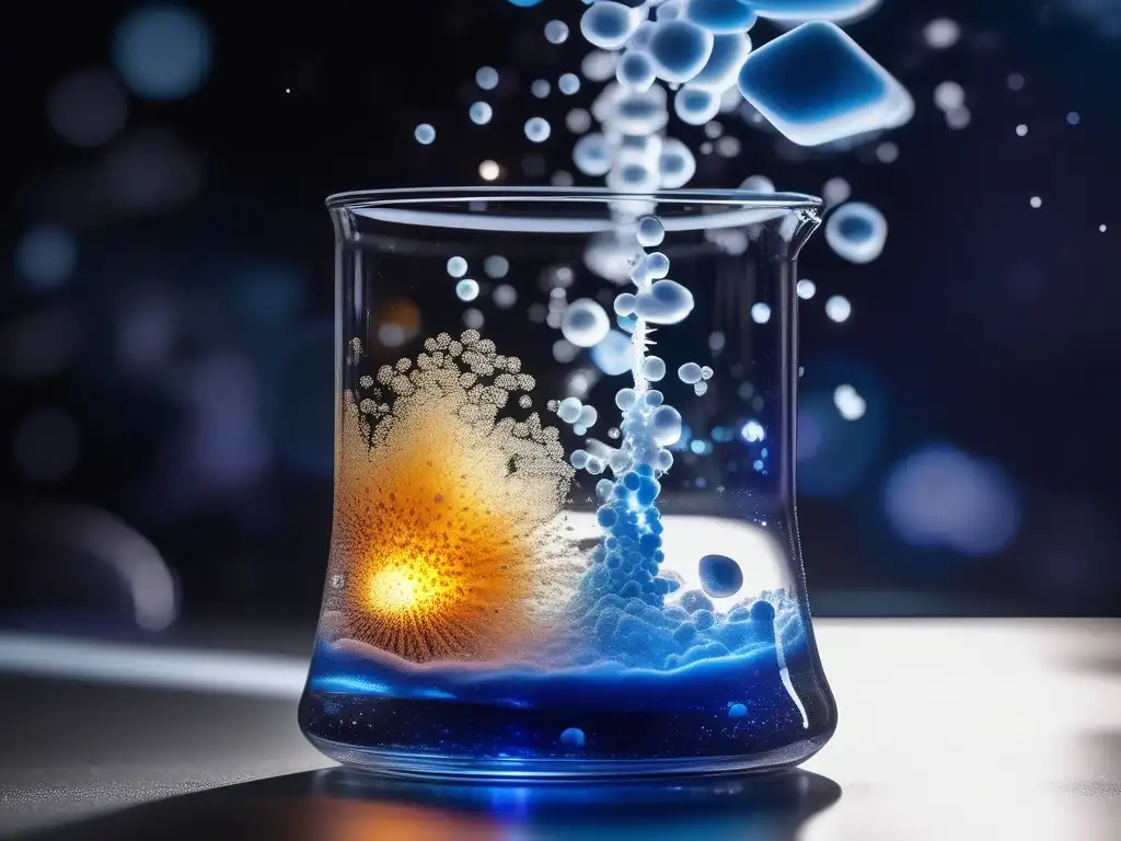 Avance en espectroscopía de dispersión de energía química en reacción en beaker de vidrio con líquido azul vibrante y luz blanca intensa