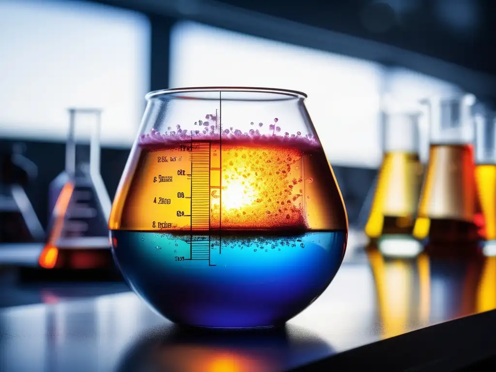 Importancia de las reacciones químicas: imagen detallada de una reacción química en un matraz, con colores vibrantes y detalles macro