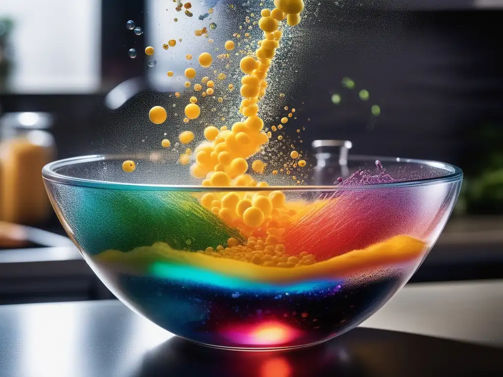 Reacción química en cocina: mezcla fascinante de ingredientes con sorprendentes colores y patrones - Reacciones químicas sorprendentes día a día