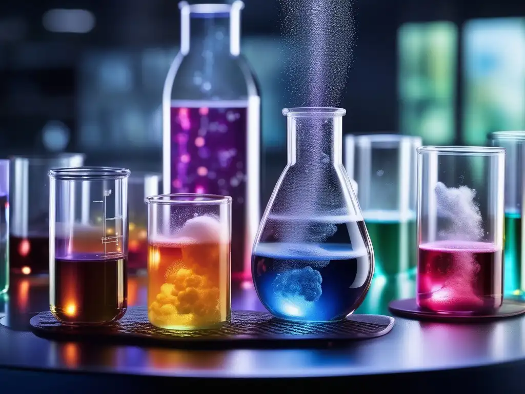 Importancia Química Orgánica en entretenimiento: reacción química en laboratorio, estructuras moleculares y colores vibrantes, beaker con líquido transparente burbujeante, vapor etéreo, equipo de laboratorio