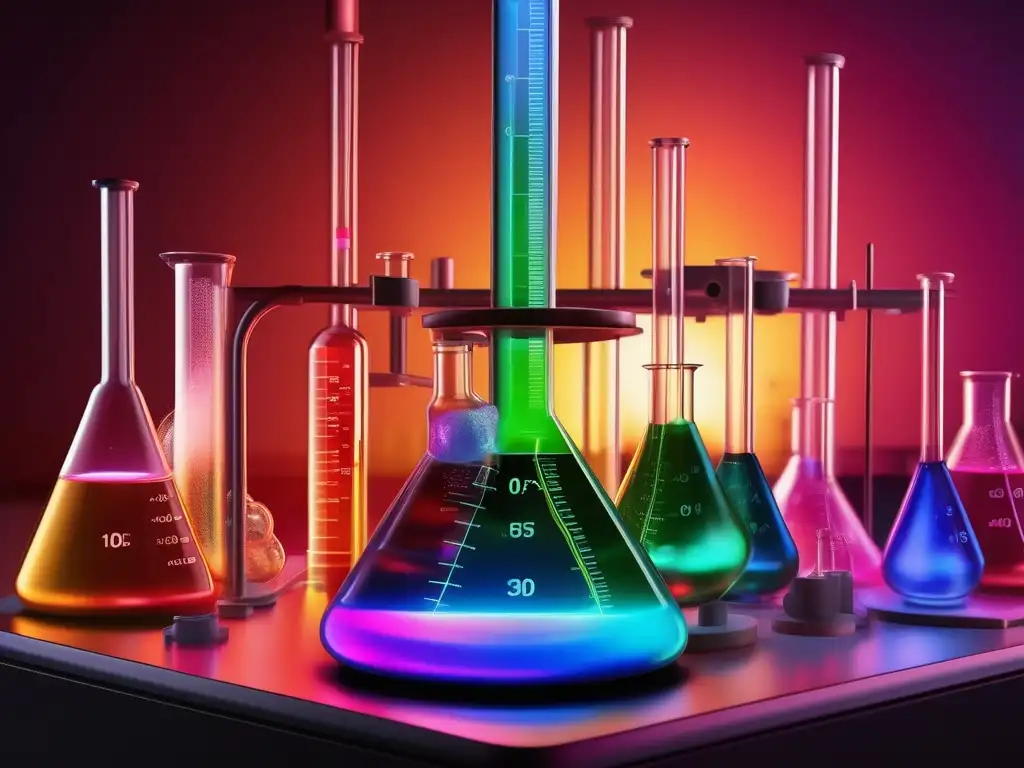 Detalle químico: Reacción de oxidación-reducción en laboratorio con alta concentración de reactantes, colores vibrantes y patrones