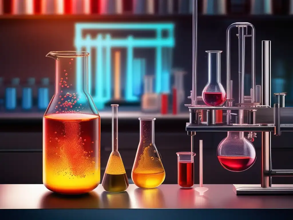 Química orgánica en la petroquímica: reacción química detallada en laboratorio, compuestos orgánicos vibrantes y utensilios científicos