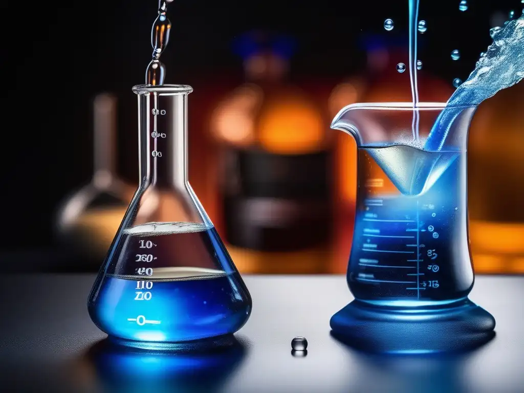 Transformación de residuos plásticos en combustible: Reacción química en progreso, beaker con líquido azul vibrante y detalles intrincados