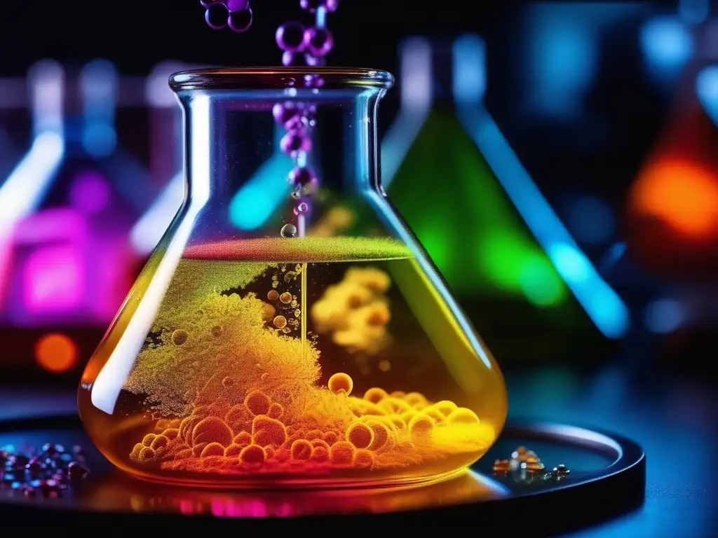 Impacto educación química siglo XXI: reacción química en frasco iluminado, colores vibrantes y detalles intrincados