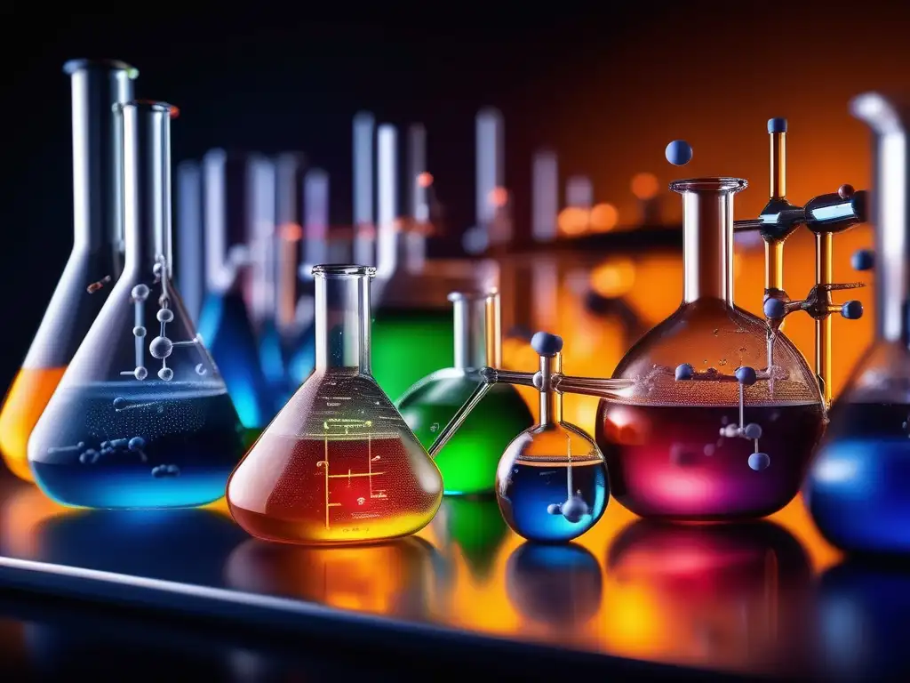 Química orgánica: reacción química detallada, colores vibrantes y estructura molecular compleja en laboratorio