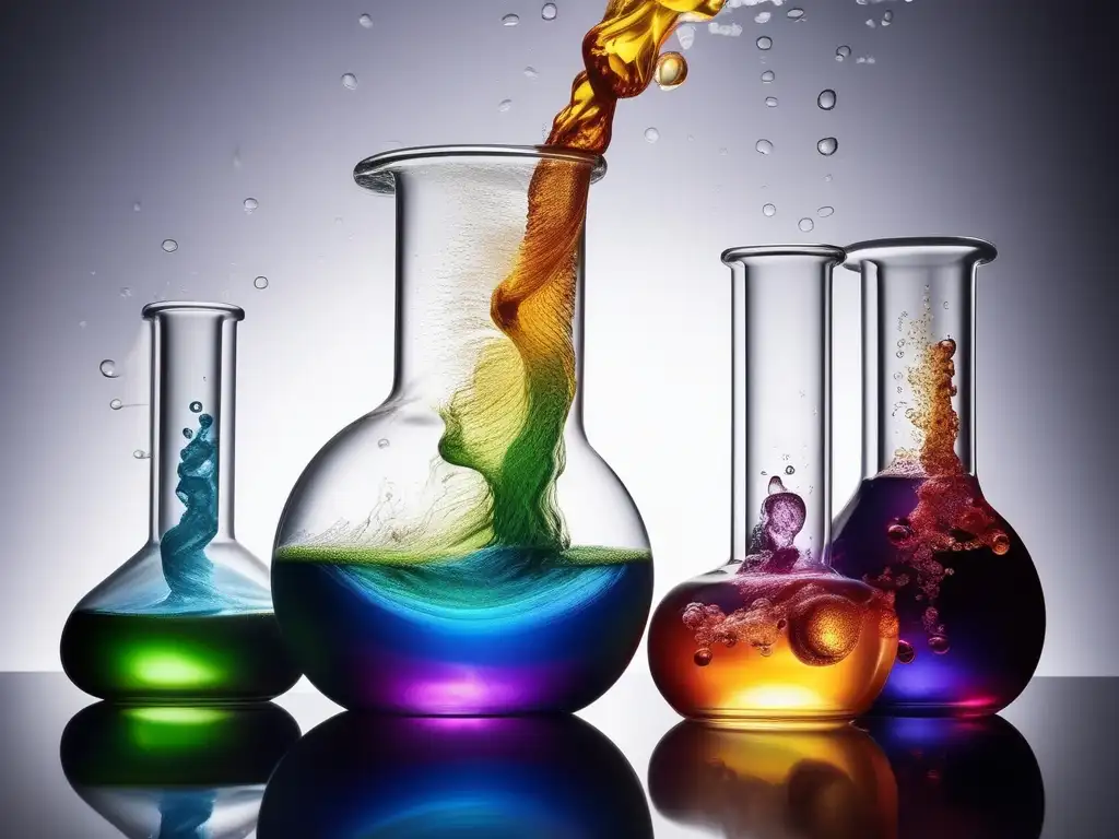 Impacto de la química en las reacciones químicas: detalle exquisito de una reacción química con beakers y líquidos vibrantes