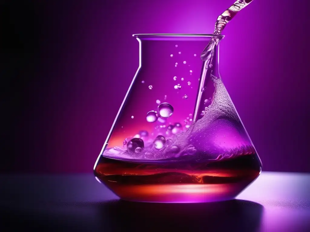 Impacto de la química en las reacciones químicas: Fascinante imagen de reacción química en 8k, con beaker de líquido morado y gases coloridos