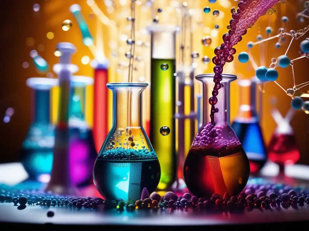 Impacto de la química moderna: Reacción química vibrante en laboratorio con test tubes y beakers llenos de líquidos coloridos