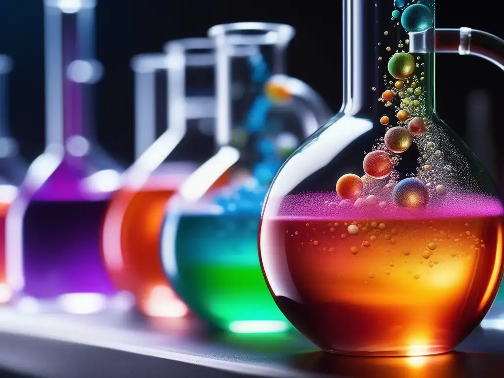 Impactos ambientales de la industria química: reacción química en laboratorio, líquido vibrante y burbujeante con patrones coloridos y fascinantes