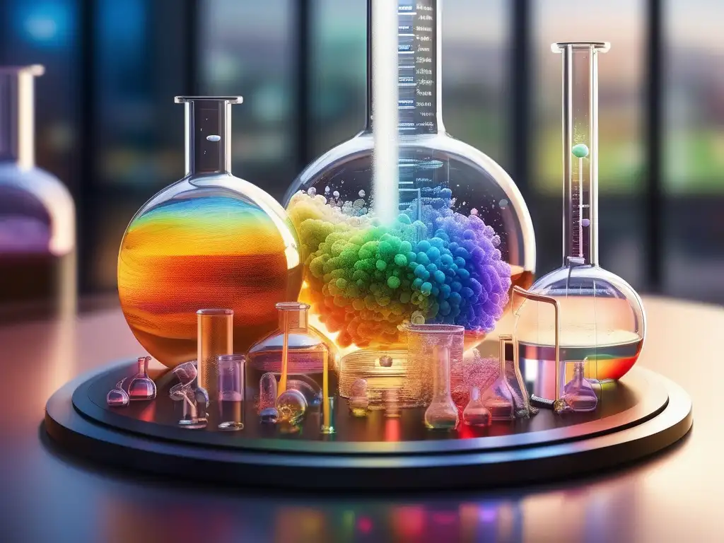 Química orgánica: Reacciones coloridas y fascinantes en un laboratorio, mostrando la importancia de la síntesis de compuestos y desarrollo de fármacos