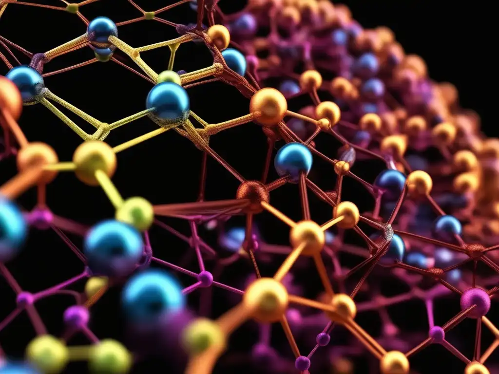 Estructura compuestos orgánicos detallada: red vibrante de átomos de carbono interconectados, mostrando complejidad y belleza química