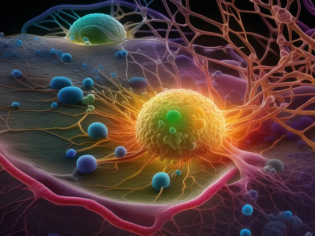 Importancia rutas metabólicas: Detallada imagen célula humana a nivel molecular, resalta enzimas, sustratos e intermediarios en reacciones metabólicas