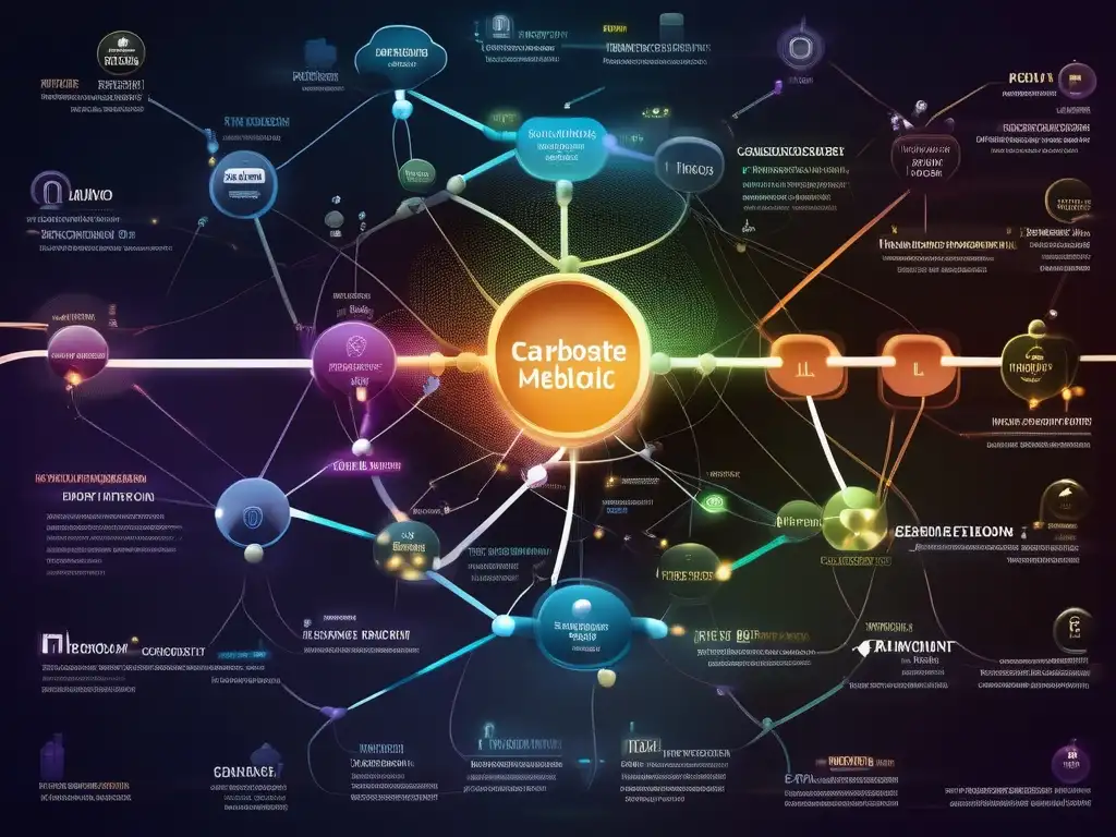 Importancia de las rutas metabólicas de los carbohidratos: red compleja y detallada que muestra enzimas, sustratos y productos