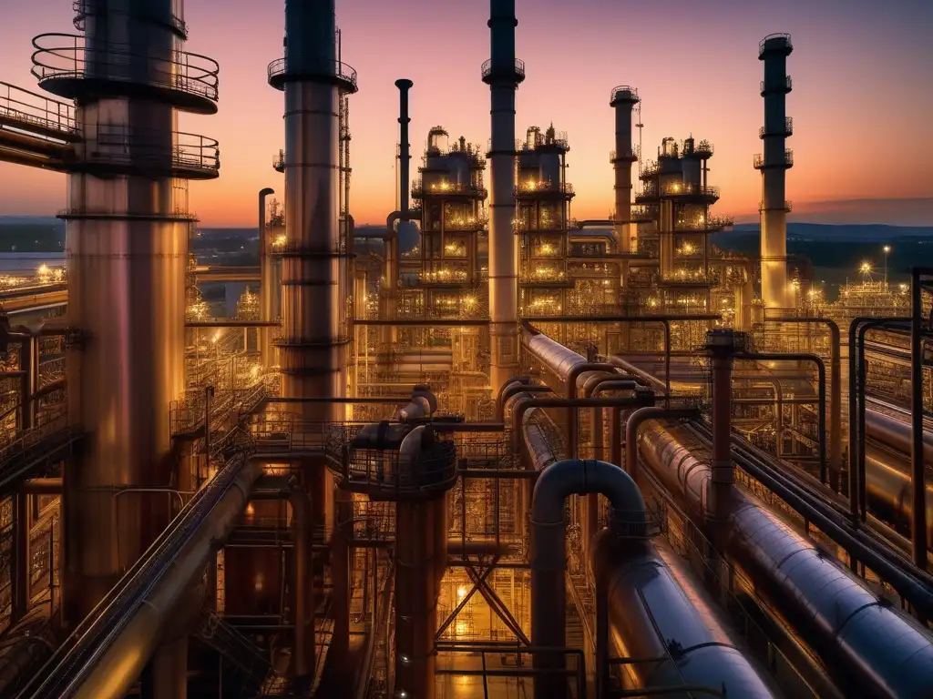 Impactos ambientales de la industria petroquímica en una refinería al atardecer