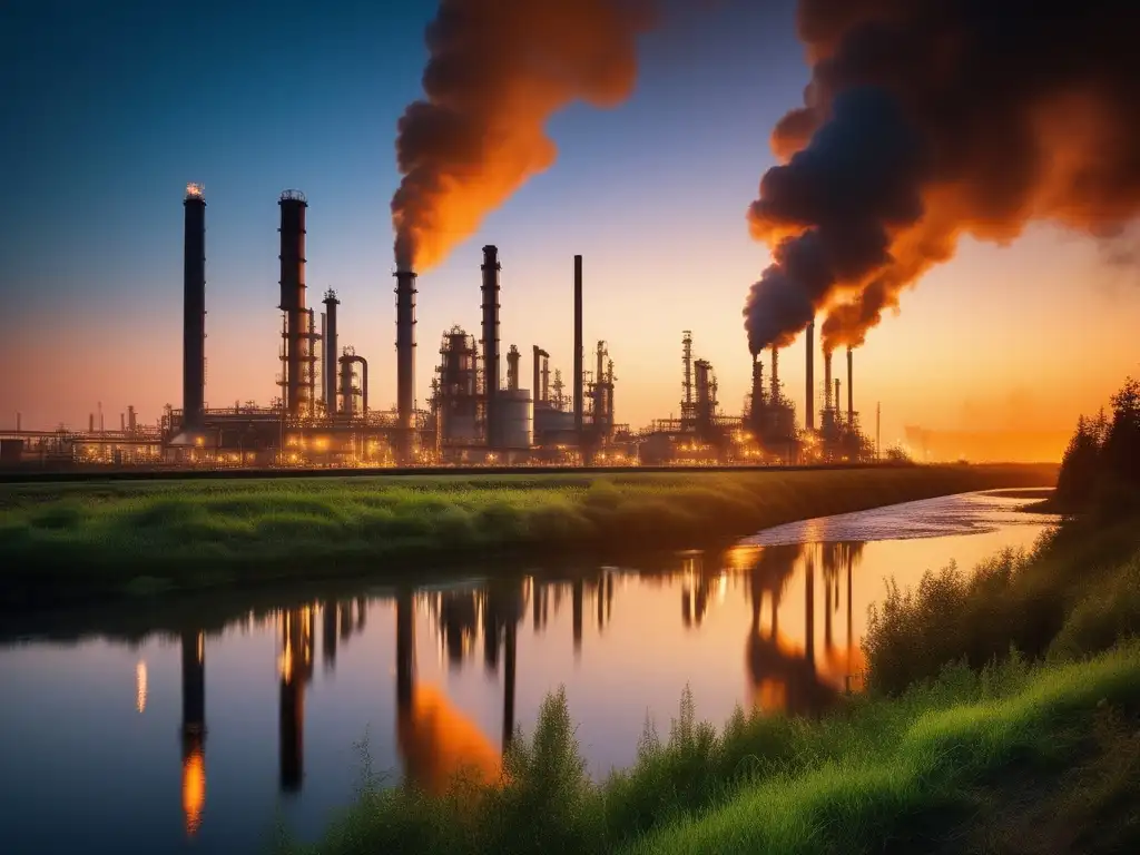 Química sostenible para la industria del petróleo: Refinería al atardecer con humo y naturaleza