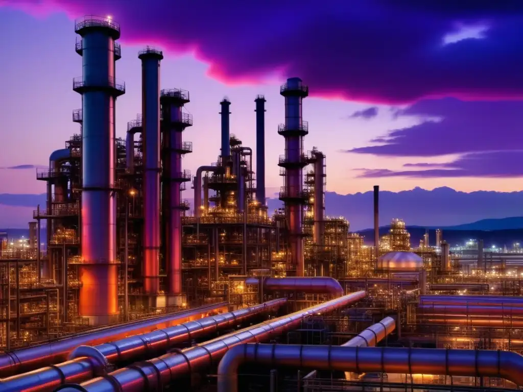 Transformación de la industria química con materiales avanzados en una refinadora petroquímica al atardecer