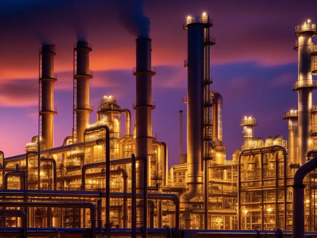 Importancia de compuestos de coordinación en petroquímica: red refinería al atardecer con tuberías y maquinaria, resaltando complejidad e impacto