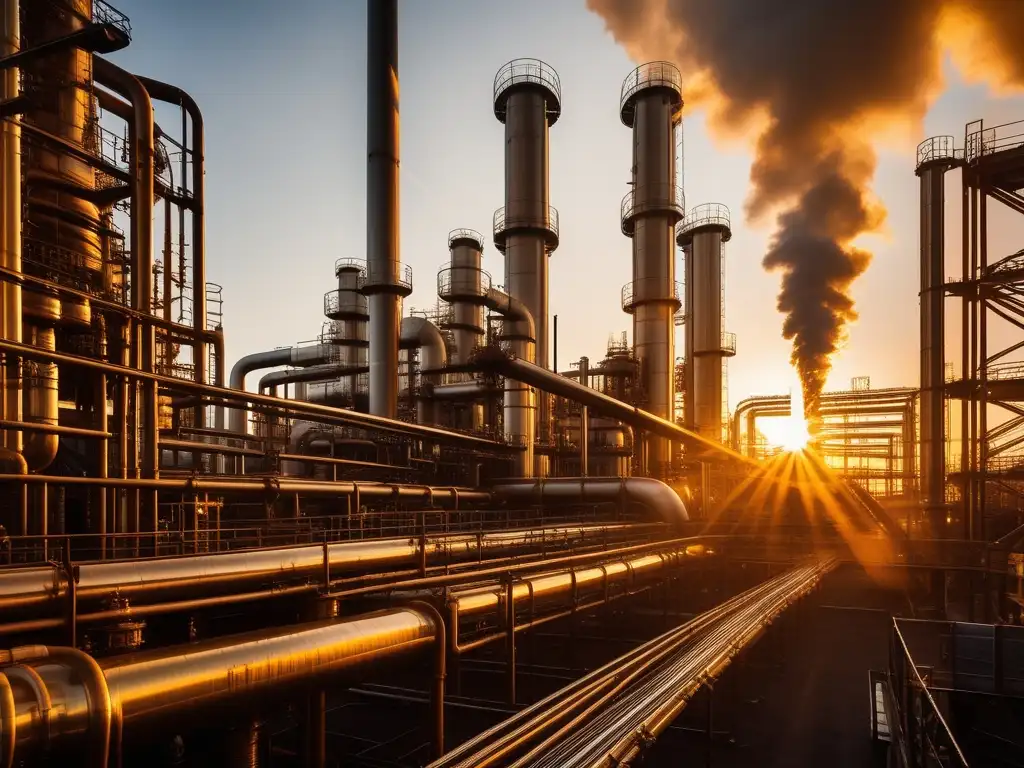 Influencia de metales en la petroquímica: vista detallada de una refinería, con torres de metal y tuberías, emitendo vapor