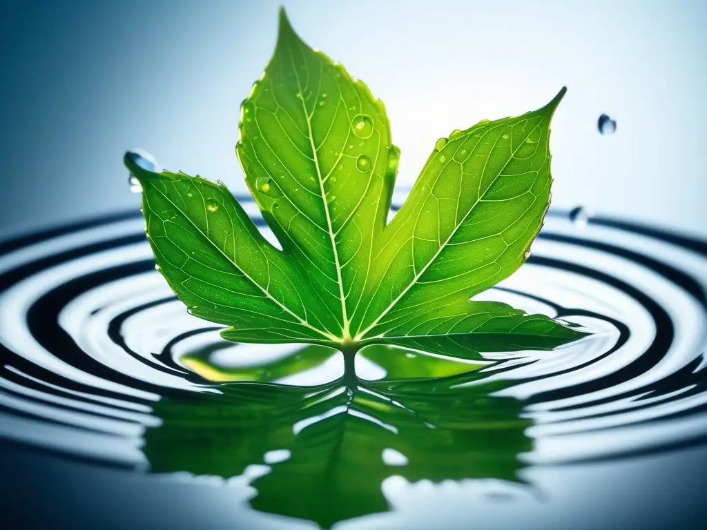 Beneficios Química Verde en Reciclaje: Hoja verde y agua cristalina en perfecta armonía, simbolizando resiliencia y reducción de residuos tóxicos