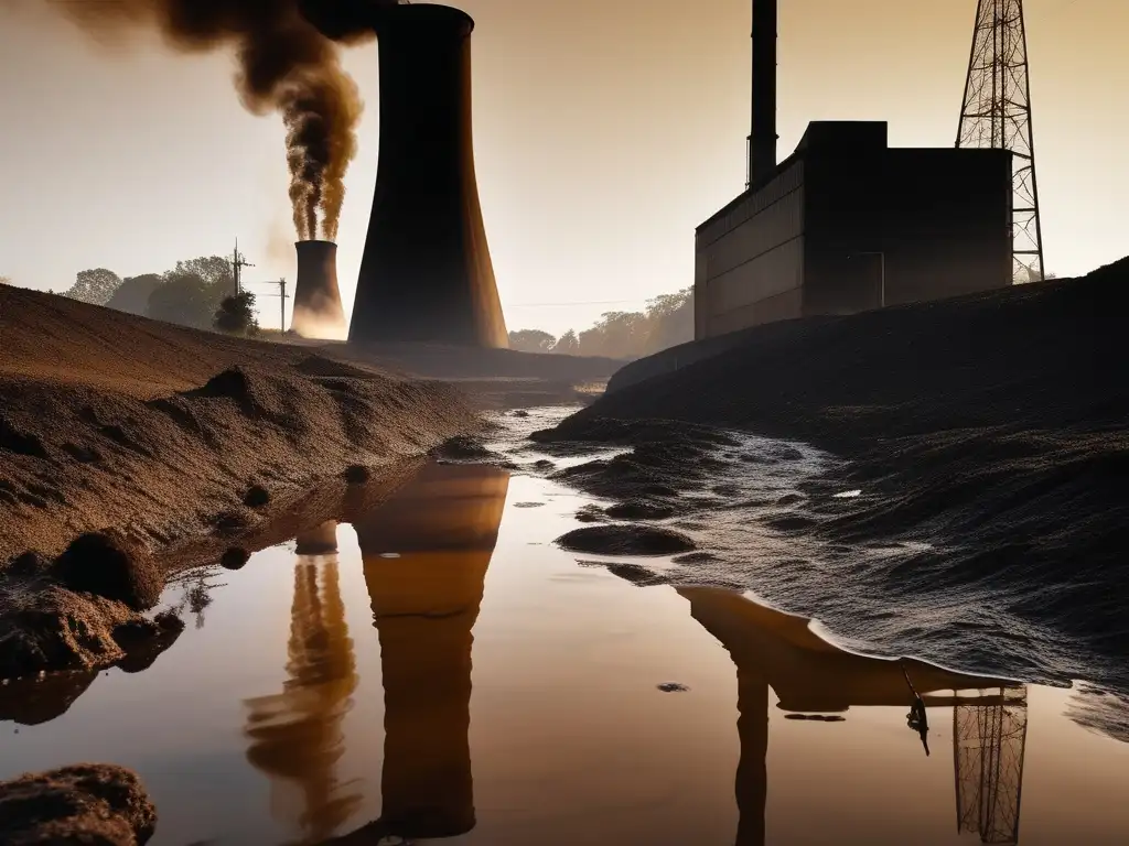 Impactos ambientales de la química industrial: río contaminado, agua marrón, chimeneas emitiendo humo negro, slicks de petróleo, pez muerto flotando