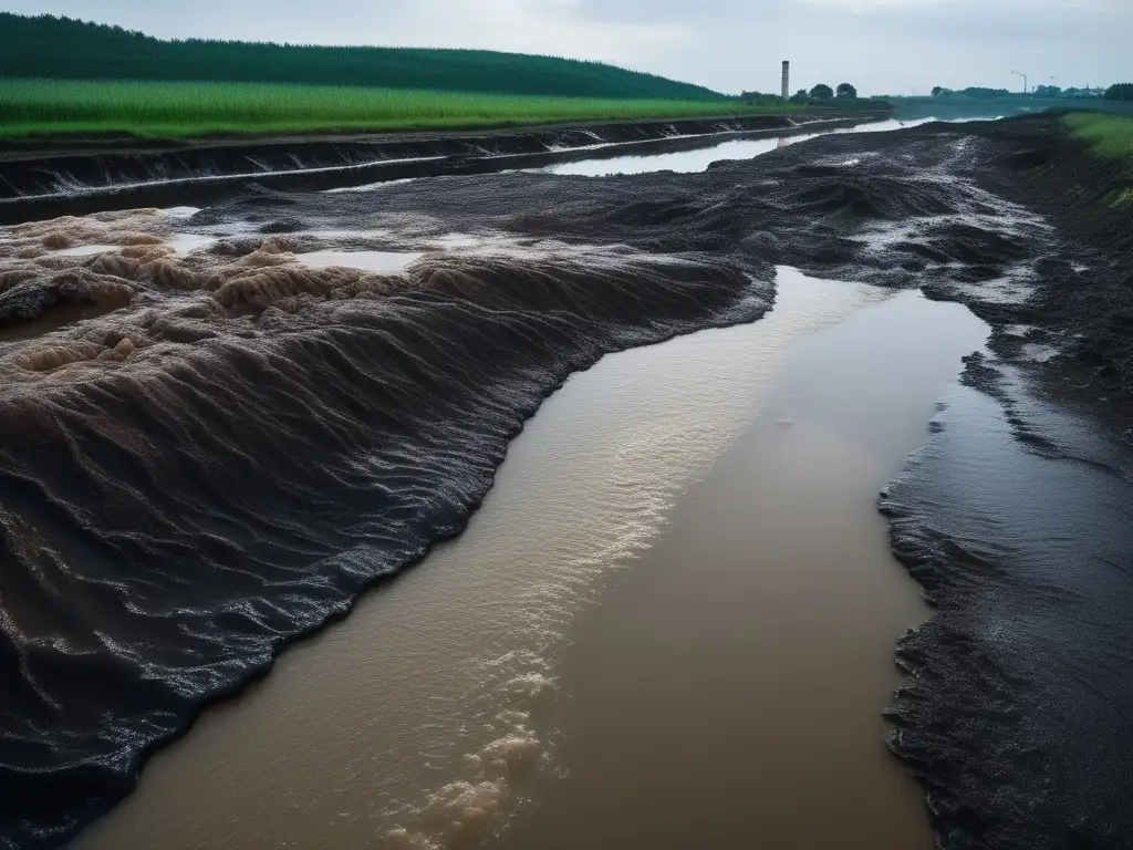 Impactos de residuos tóxicos: Río contaminado con desechos industriales, agua oscura y viscosa, sludge químico y colores alarmantes