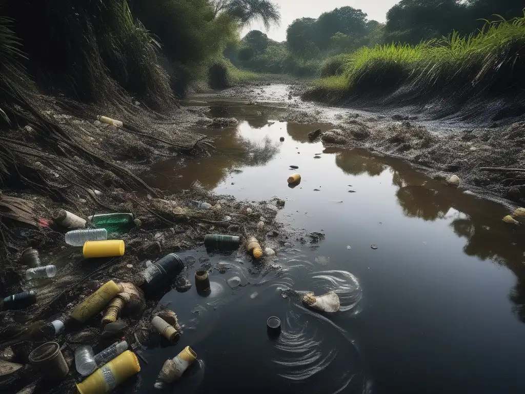 Impactos ambientales de la petroquímica: Río contaminado con desechos tóxicos y vida acuática ausente