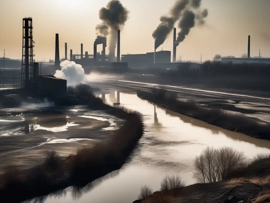 Impactos de la contaminación química en un río industrial con agua turbia, espuma y desechos flotando