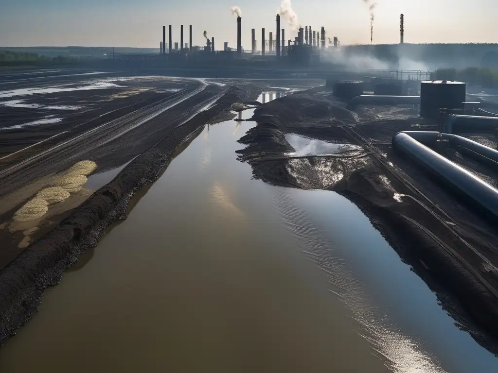 Impactos ambientales de la industria química en un río contaminado rodeado de plantas químicas